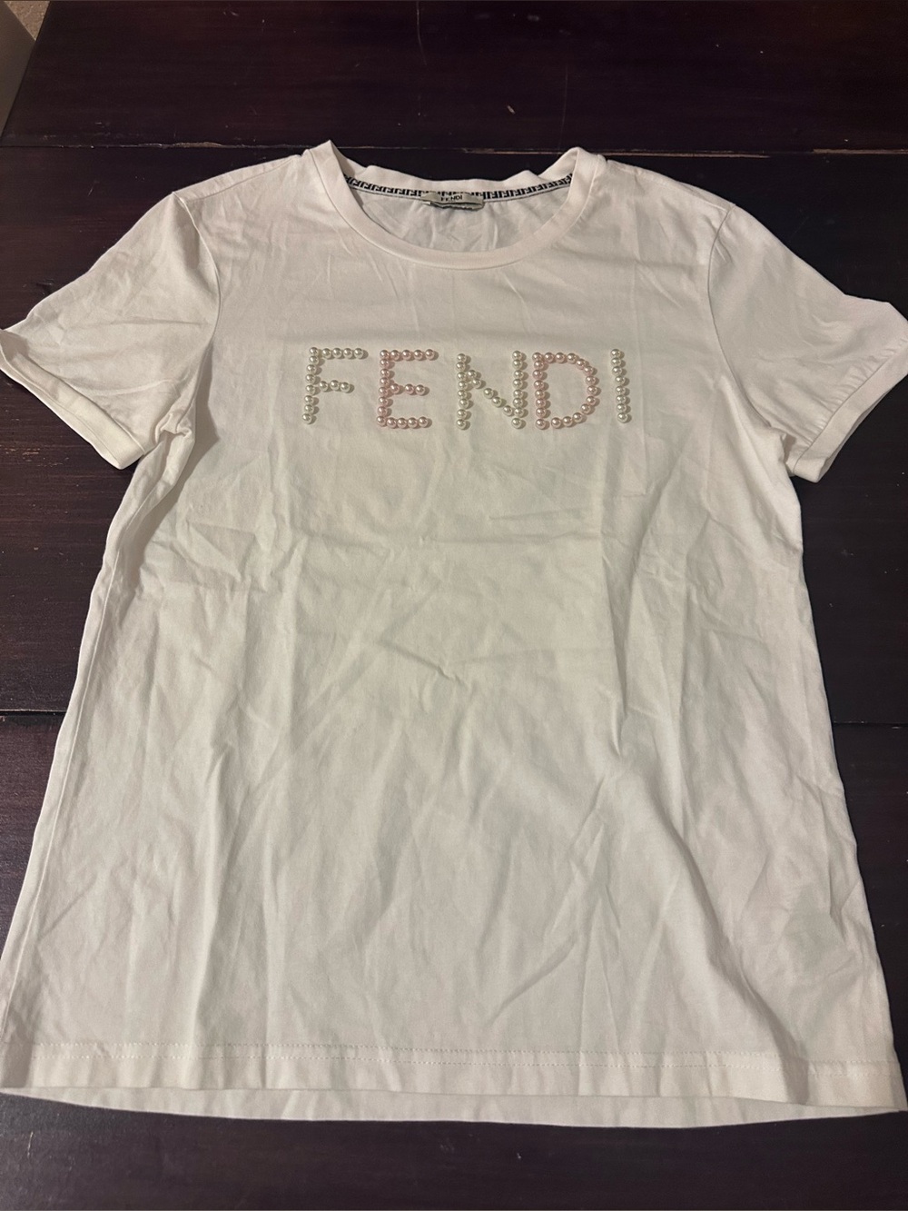 Fendi White Pearl-Embellished Logo Short Sleeve Tee